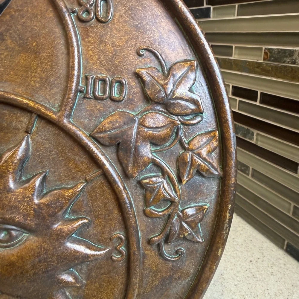 Bronze Sun Face Wall Clock & Thermometer Celestial Indoor/Outdoor Decor 11.5